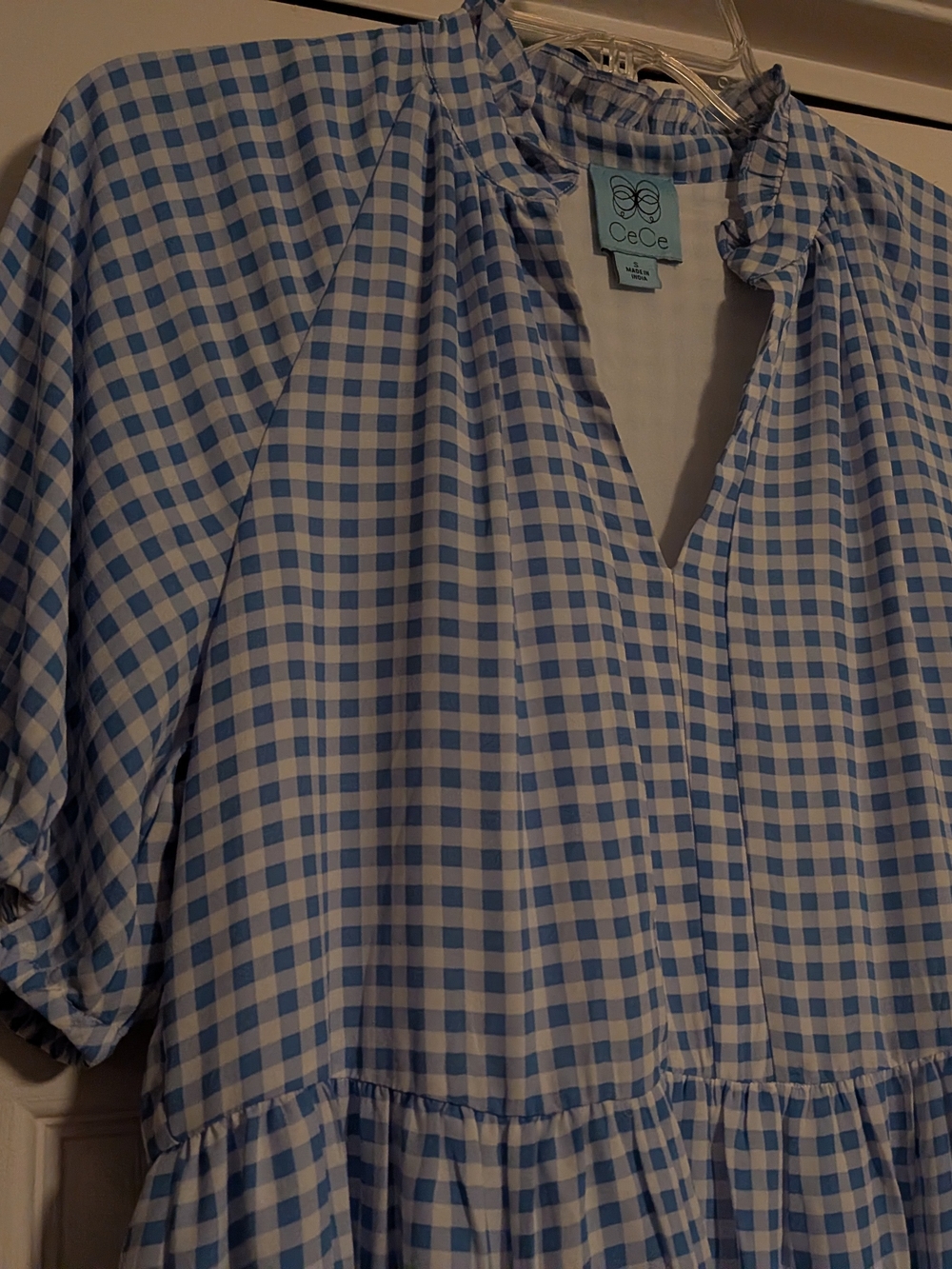 CeCe Blue and White Gingham Tiered Ruffle-Neck Dress - Picture 2 of 5